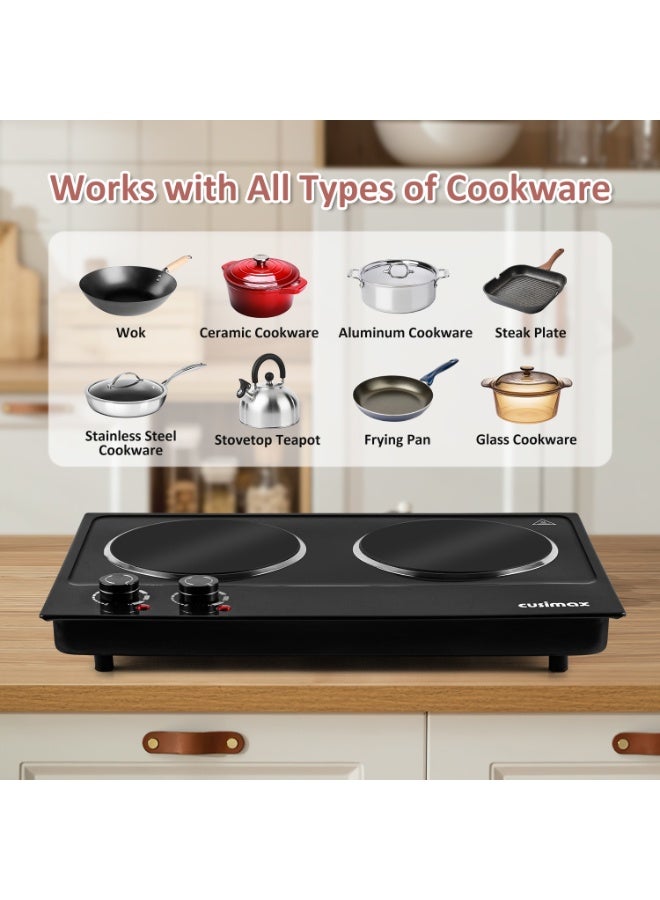 CUSIMAX Double Hot Plate, 1200W+1200W Infrared Heating Plate, Stainless Steel Body,Dual Adjustable Thermostat, Compatible for All Cookware,Black - Image 4
