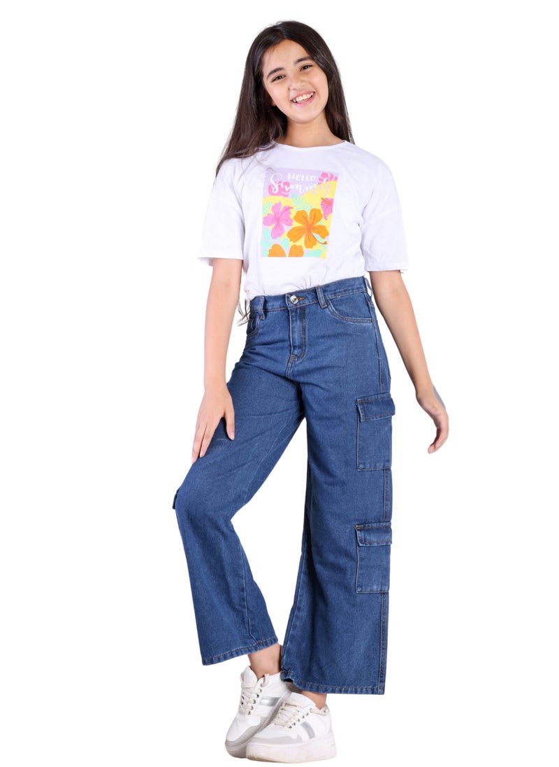 JBS DENIM - Girls' Wide Leg Cargo Jeans, Blue - Image 1