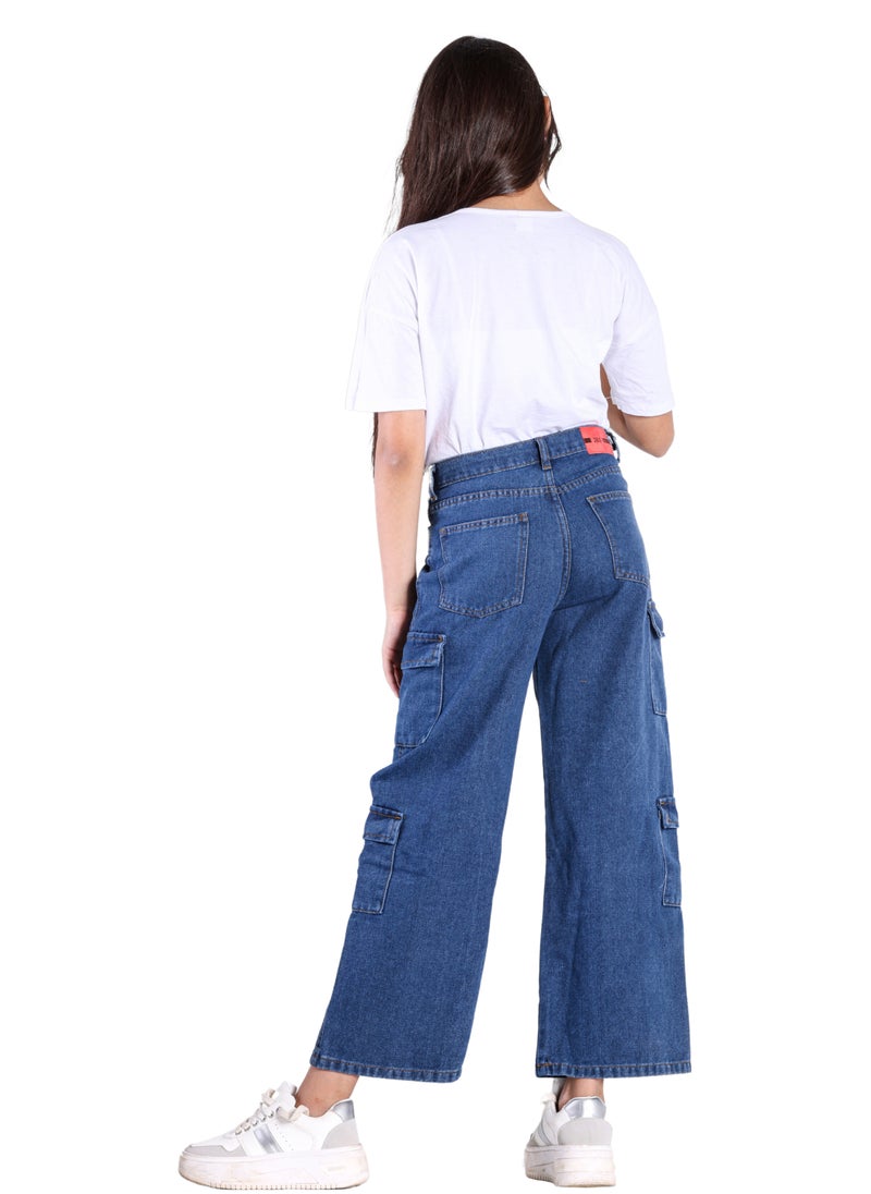 JBS DENIM - Girls' Wide Leg Cargo Jeans, Blue - Image 1