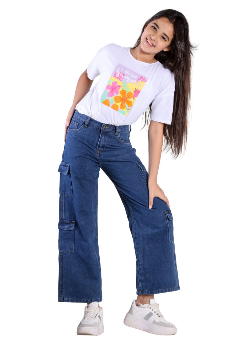 JBS DENIM - Girls' Wide Leg Cargo Jeans, Blue - Image 1