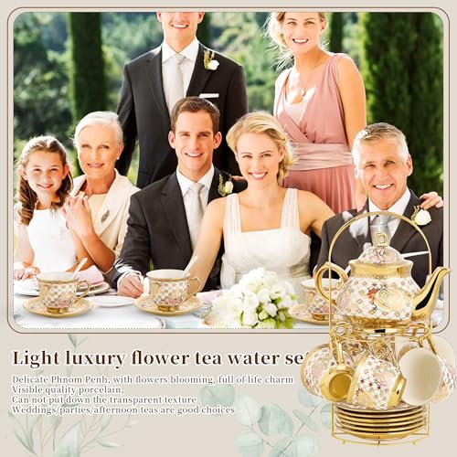 TATSUMI 20 Pieces Porcelain Tea Set With Metal Holder, European Ceramic tea set for adults,Flower Tea Set,Tea Set For Women With Flower Painting - Image 3