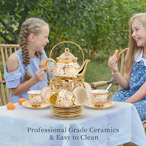 TATSUMI 20 Pieces Porcelain Tea Set With Metal Holder, European Ceramic tea set for adults,Flower Tea Set,Tea Set For Women With Flower Painting - Image 4