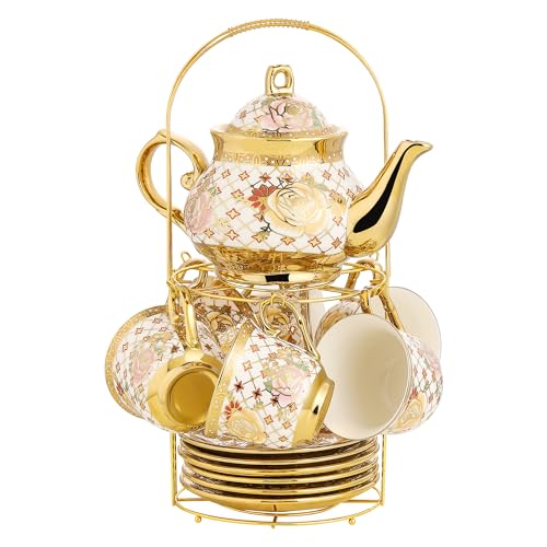 TATSUMI 20 Pieces Porcelain Tea Set With Metal Holder, European Ceramic tea set for adults,Flower Tea Set,Tea Set For Women With Flower Painting - Image 2