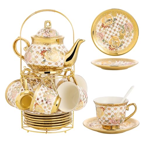 TATSUMI 20 Pieces Porcelain Tea Set With Metal Holder, European Ceramic tea set for adults,Flower Tea Set,Tea Set For Women With Flower Painting - Image 1