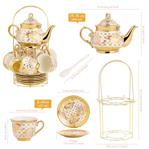 TATSUMI 20 Pieces Porcelain Tea Set With Metal Holder, European Ceramic tea set for adults,Flower Tea Set,Tea Set For Women With Flower Painting - Image 5