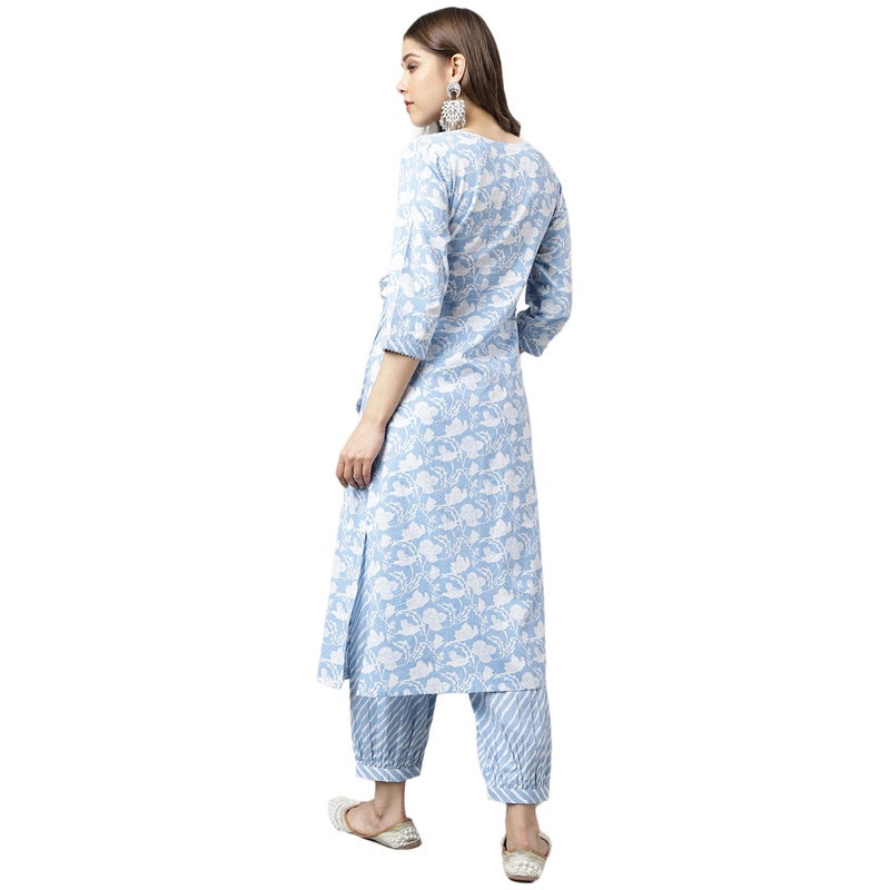 FIORRA Women's Blue Pure Cotton A-line Kurta with Pant - Image 4