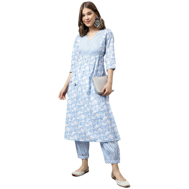 FIORRA Women's Blue Pure Cotton A-line Kurta with Pant - Image 1