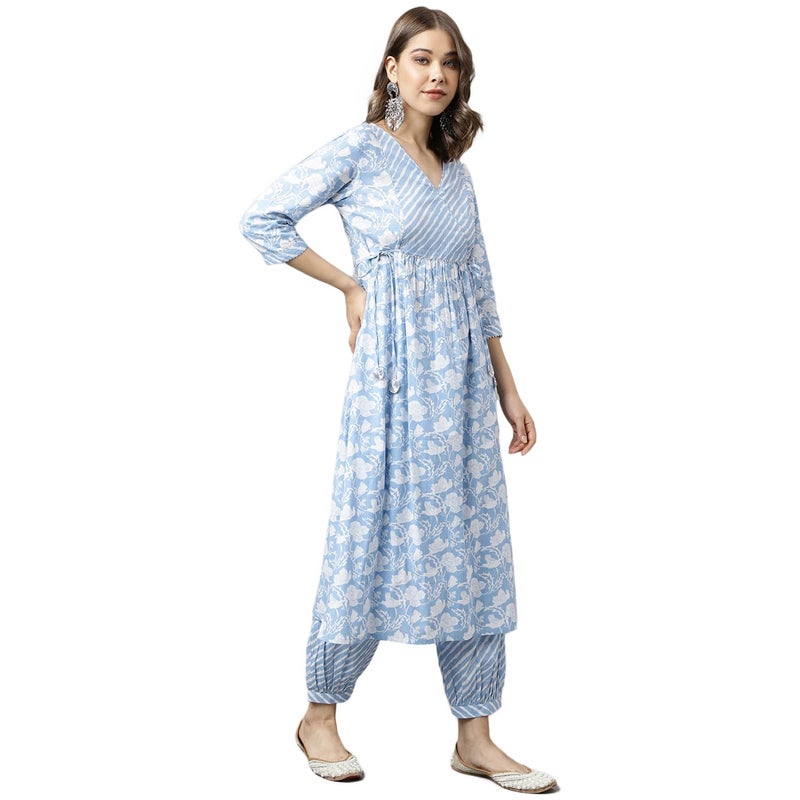 FIORRA Women's Blue Pure Cotton A-line Kurta with Pant - Image 2