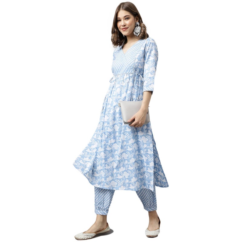 FIORRA Women's Blue Pure Cotton A-line Kurta with Pant - Image 3