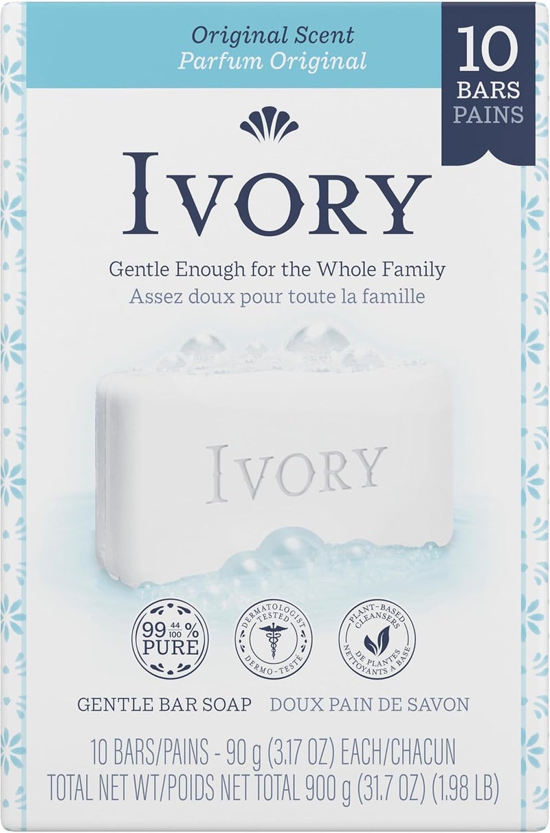 Ivory Gentle Bath Bar Soap Family Pack - 10 Bars of 3.17 oz Each, Original Scent, 99.44% Pure Formula - Image 1
