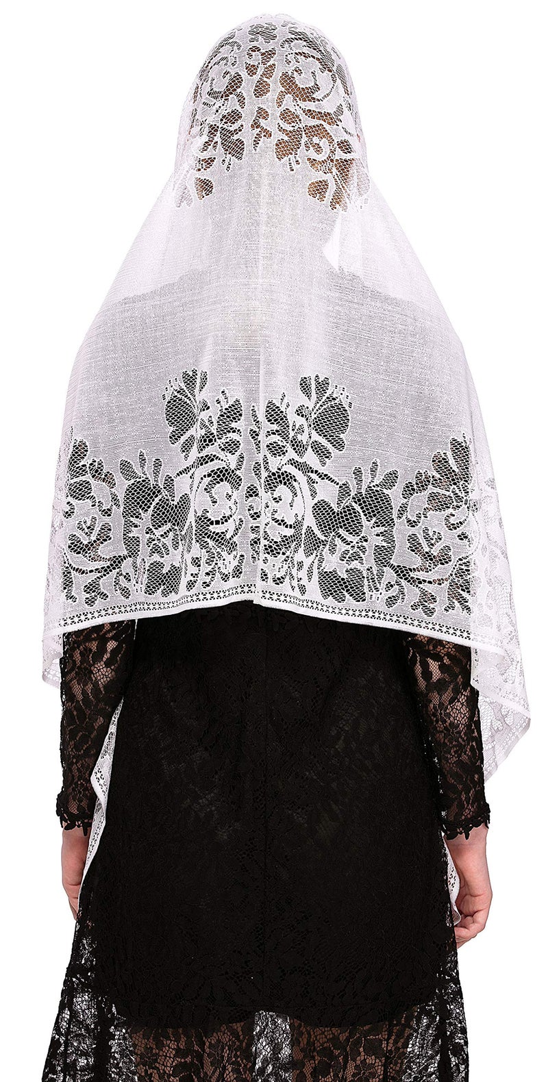 PAMOR Chapel Veil Scarf Mantilla Veils Rectangular Wrap Shawl Mass Head Covering with Fringe Trim (White) - Image 5