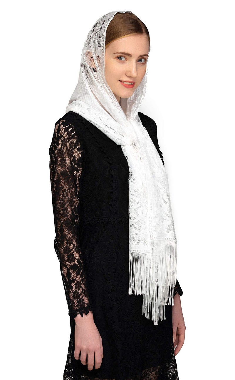 PAMOR Chapel Veil Scarf Mantilla Veils Rectangular Wrap Shawl Mass Head Covering with Fringe Trim (White) - Image 4