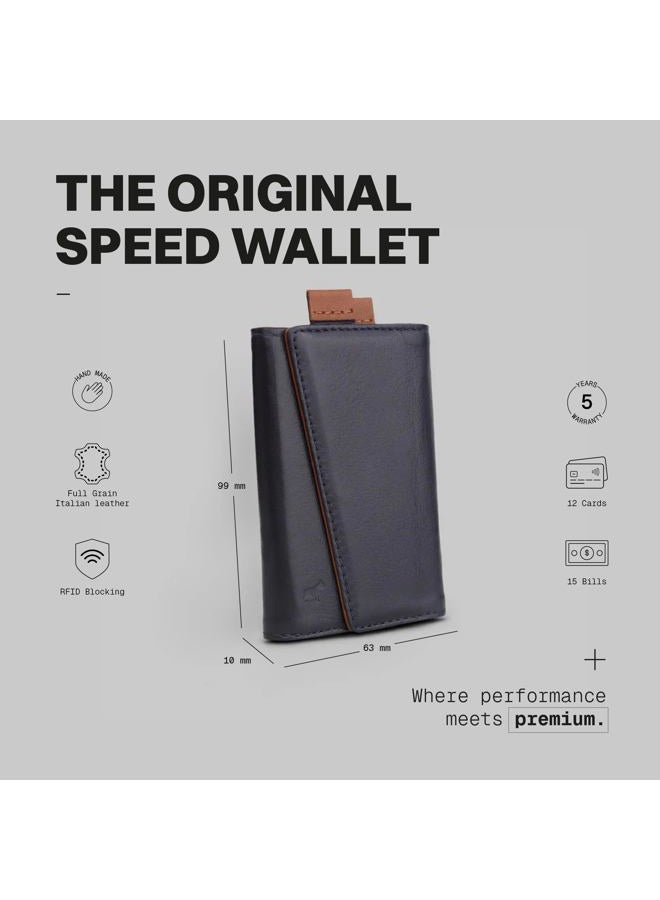 The Frenchie Co. محفظة السرعة | أزرق داكن-بني | المحفظة الأصلية للرجال مع حماية RFID والوصول السريع إلى البطاقة | جلد إيطالي فائق النحافة - Image 2