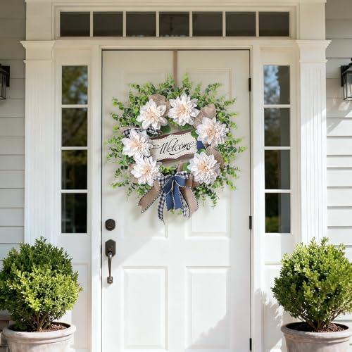 VIERENA Artificial Flowers and Eucalyptus Wreath for Front Door – 24" Fake Dahlia Faux Eucalyptus with Blessed Sign, UV Resistant Greenery Plant Wreath for Home Wall Fireplace Farmhouse Decor - Image 2