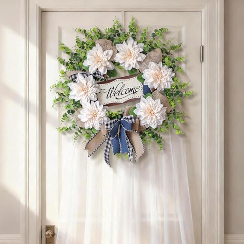 VIERENA Artificial Flowers and Eucalyptus Wreath for Front Door – 24" Fake Dahlia Faux Eucalyptus with Blessed Sign, UV Resistant Greenery Plant Wreath for Home Wall Fireplace Farmhouse Decor - Image 4