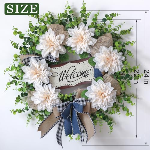 VIERENA Artificial Flowers and Eucalyptus Wreath for Front Door – 24" Fake Dahlia Faux Eucalyptus with Blessed Sign, UV Resistant Greenery Plant Wreath for Home Wall Fireplace Farmhouse Decor - Image 5