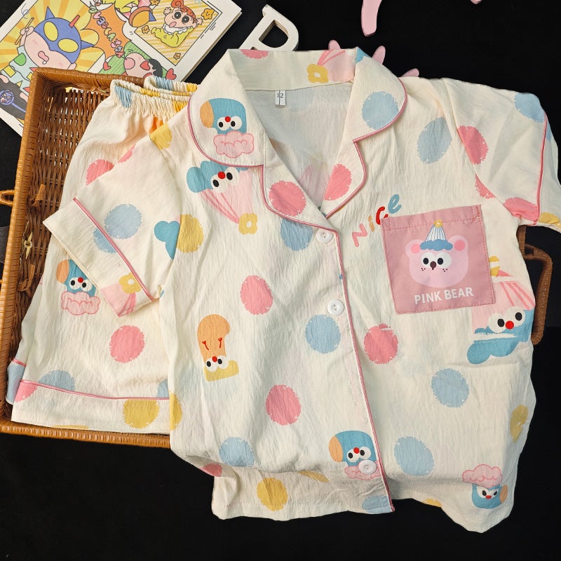 Korean Style Cloud Cotton Short-Sleeved Cardigan Kidsren'S Pajamas Baby Home Clothes Suit Summer Thin Section For Boys And Girls - Image 4