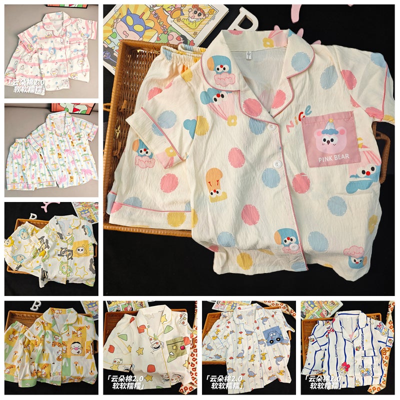 Korean Style Cloud Cotton Short-Sleeved Cardigan Kidsren'S Pajamas Baby Home Clothes Suit Summer Thin Section For Boys And Girls - Image 2