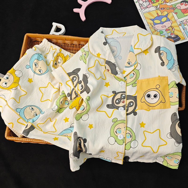 Korean Style Cloud Cotton Short-Sleeved Cardigan Kidsren'S Pajamas Baby Home Clothes Suit Summer Thin Section For Boys And Girls - Image 5
