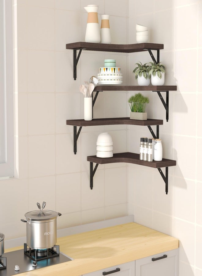 ROMGUAR CRAFT Corner Floating Shelves Wall Mounted Set of 4, Rustic Wood Storage Display Wall Shelves for Home Decor, Bathroom, Kitchen, Bedroom, Living Room, Office (Brown) - Image 2