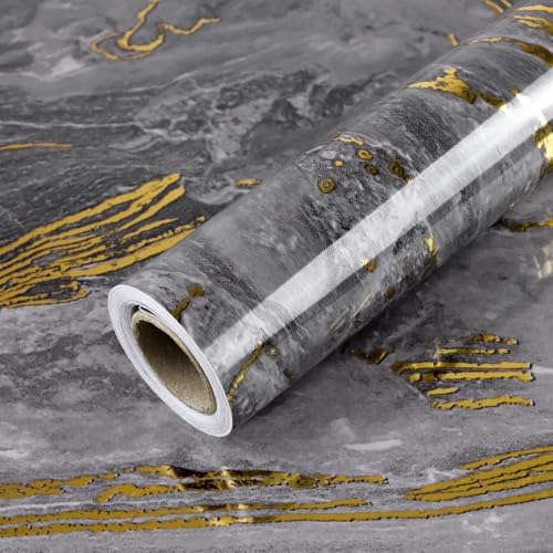 Yun-aeon Yunaeon Thick Marble Contact Paper for Countertops 236x 1968 Grey and Gold Glossy Peel and Stick Wallpaper SelfAdhesive Removable Countertops for Kitchen Bathroom Cabinets - Image 1