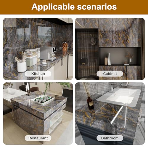 Yun-aeon Yunaeon Thick Marble Contact Paper for Countertops 236x 1968 Grey and Gold Glossy Peel and Stick Wallpaper SelfAdhesive Removable Countertops for Kitchen Bathroom Cabinets - Image 3
