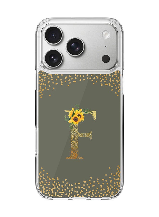 Stylizedd Classic Clear MagSafe Case for iPhone 17 Pro , Hybrid Soft Case Flexible Edges Anti Drop TPU PC Gel Thin Transparent Cover [ Designed for iPhone 17 Pro ] - Custom Monogram Initial Letter Floral Pattern Alphabet - F  (Olive Green )