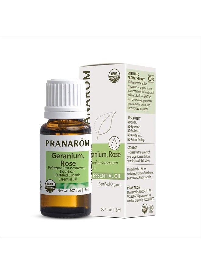 PRANAROM Rose Geranium Essential Oil (15ml) - 100% Pure Natural Therapeutic Grade Essential Oil for Aromatherapy and Skincare | USDA and ECOCERT Certified Organic - Image 1