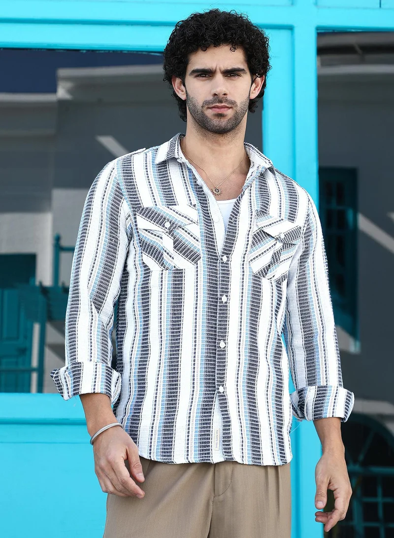 Campus Sutra Men's Sky Blue & Midnight Black Nomad-Striped Utility Shirt