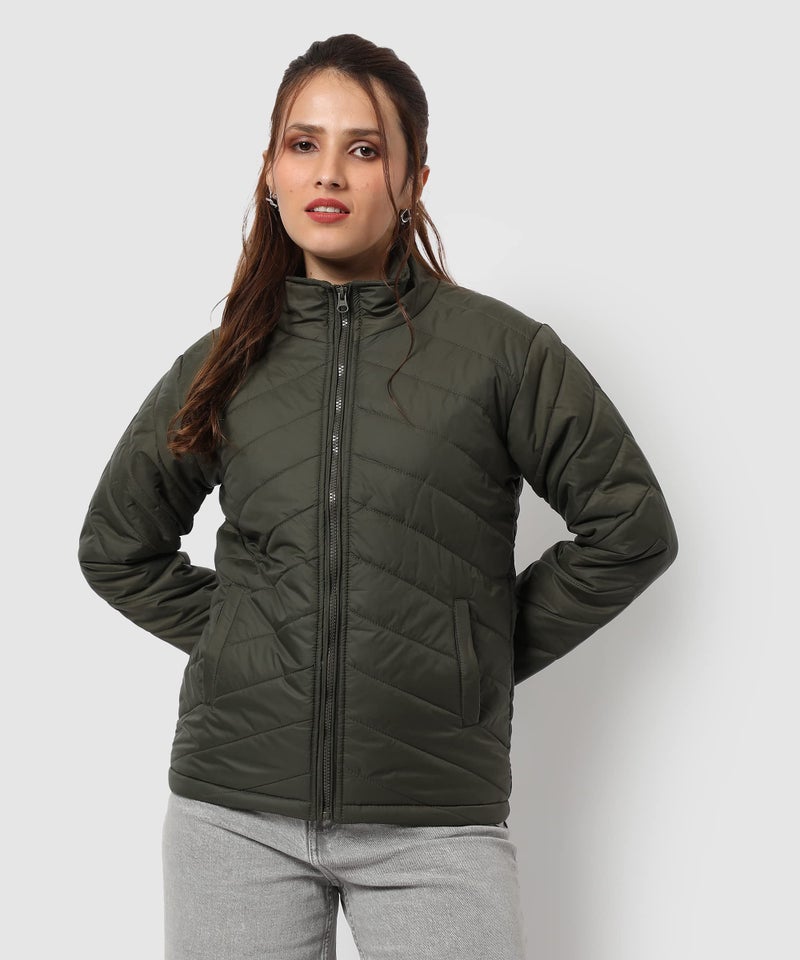 Campus Sutra Women's Olive Green Puffer Regular Fit Bomber Jacket For Winter Wear | Standing Collar | Full Sleeve | Zipper | Casual Jacket For Woman & Girl | Western Stylish Jacket For Women - Image 3