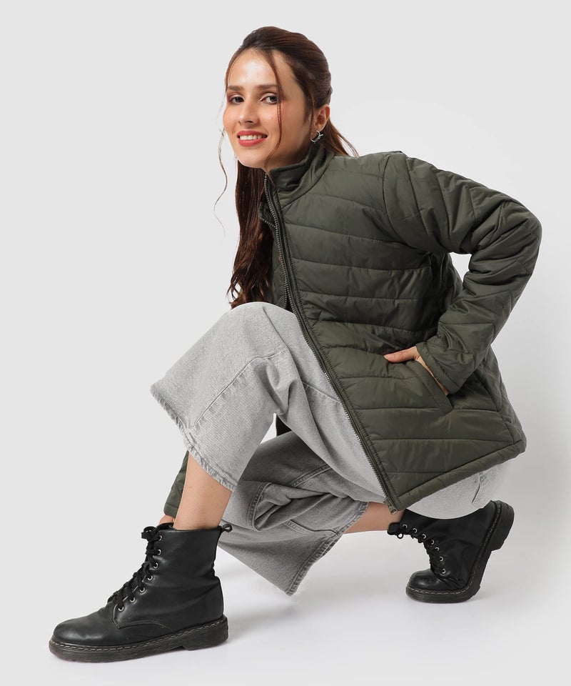 Campus Sutra Women's Olive Green Puffer Regular Fit Bomber Jacket For Winter Wear | Standing Collar | Full Sleeve | Zipper | Casual Jacket For Woman & Girl | Western Stylish Jacket For Women - Image 2