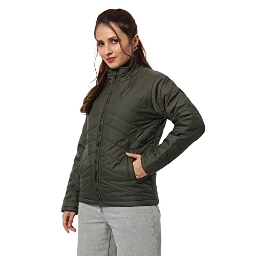 Campus Sutra Women's Olive Green Puffer Regular Fit Bomber Jacket For Winter Wear | Standing Collar | Full Sleeve | Zipper | Casual Jacket For Woman & Girl | Western Stylish Jacket For Women - Image 1