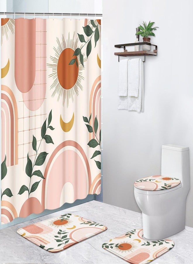 Pamnest 4 Pcs Shower Curtain Sets, Boho Rainbow Sun Waterproof Bathroom Sets with Non-Slip Rugs,Toilet Lid Cover and Bath Mat, Accessories Modern Home Bathroom Decor 72" X 72" - Image 1