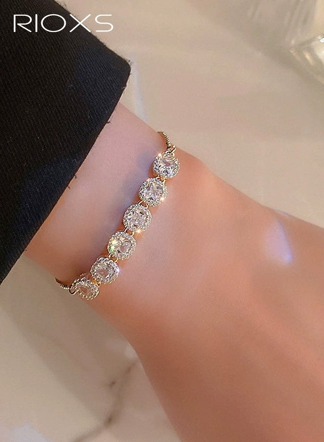 Birthstone Bracelet for Women, Silver Tennis Bracelet with Cubic Zirconia, Adjustable Slider Rhinestone Bracelet Christmas Birthday Anniversary Friendship Jewelry Gift for Her Mom Wife Girlfriend