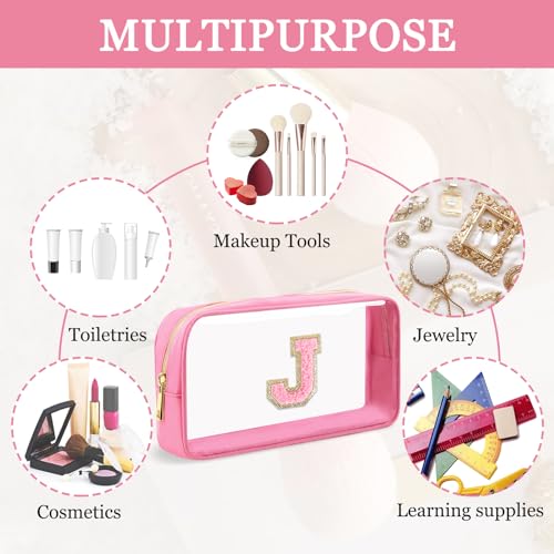 Iqimott Small Clear Personalized Initial Makeup Bag,Nylon Preppy A-Z Chenille Letter Patch Cosmetic Pouch Beach Toiletry Bag,Waterproof Zipper Travel Purse Storage Bag Organizer for Women Girls(Pink-Pink J) - Image 4