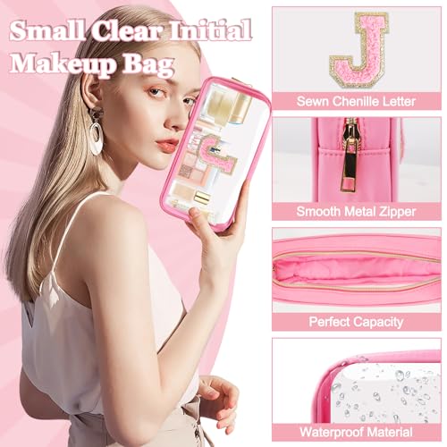 Iqimott Small Clear Personalized Initial Makeup Bag,Nylon Preppy A-Z Chenille Letter Patch Cosmetic Pouch Beach Toiletry Bag,Waterproof Zipper Travel Purse Storage Bag Organizer for Women Girls(Pink-Pink J) - Image 3