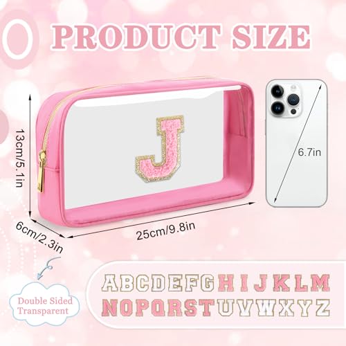 Iqimott Small Clear Personalized Initial Makeup Bag,Nylon Preppy A-Z Chenille Letter Patch Cosmetic Pouch Beach Toiletry Bag,Waterproof Zipper Travel Purse Storage Bag Organizer for Women Girls(Pink-Pink J) - Image 2