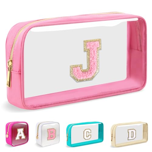 Iqimott Small Clear Personalized Initial Makeup Bag,Nylon Preppy A-Z Chenille Letter Patch Cosmetic Pouch Beach Toiletry Bag,Waterproof Zipper Travel Purse Storage Bag Organizer for Women Girls(Pink-Pink J) - Image 1