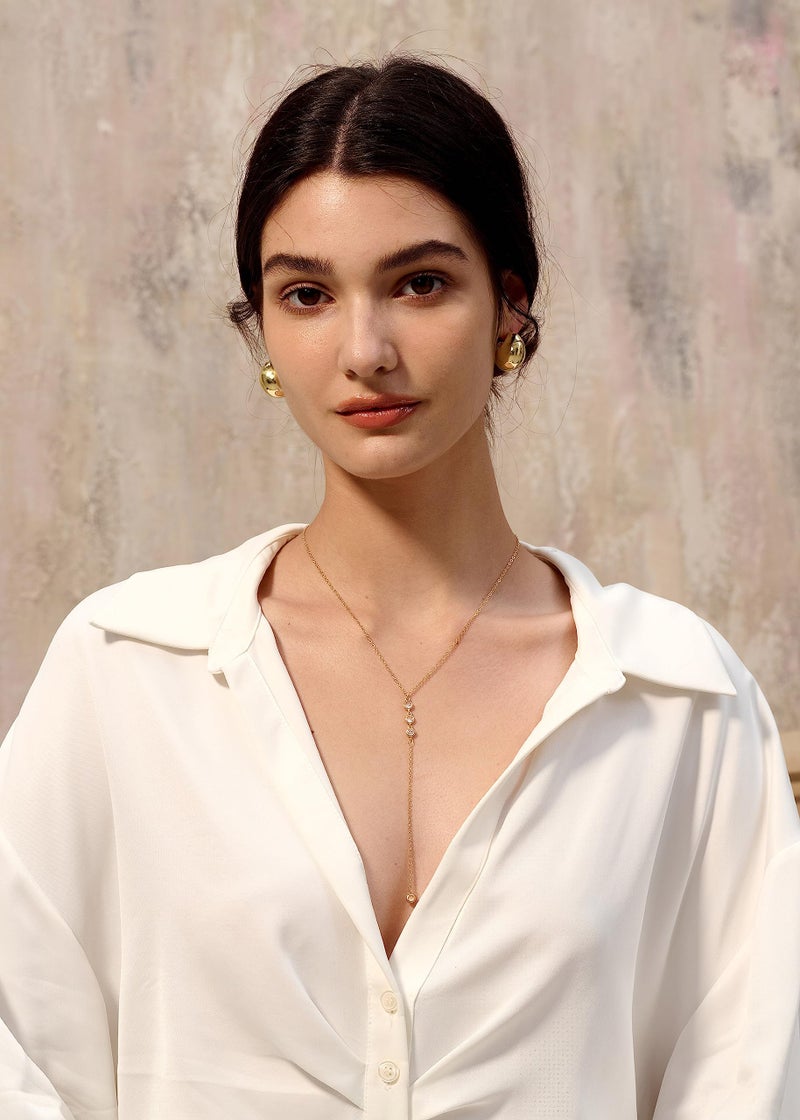 Tewiky Lariat Necklace , Simple Long Dainty Gold Necklace for Women Trendy 14k Gold Plated CZ Diamond Drop Cute Aesthetic Y Necklace Fashion Jewelry Gifts - Image 4