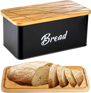 Lyellfe Farmhouse Metal Bread Box, Black Bread Storage Container with Cutting Board Lid, Vintage Retro Bread Keeper Bin - Image 1