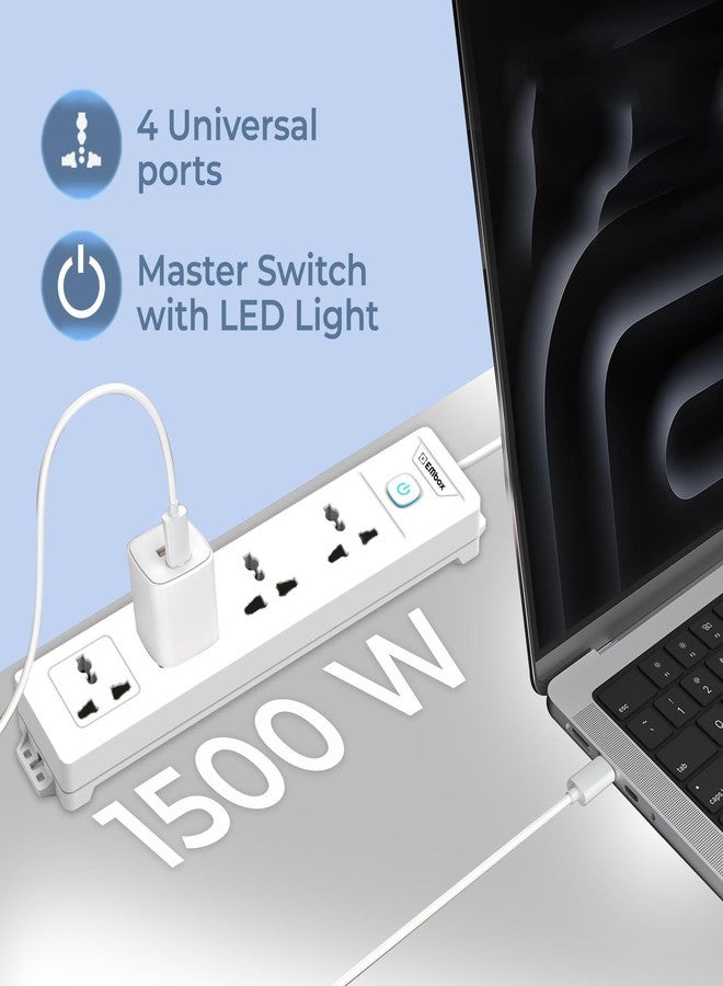 EMBOX لوحة تمديد EMBOX، كابل بطول 5 أمتار مع مفاتيح | سلك تمديد بقدرة 1500 واط، 4 مقابس عالمية | حماية من ارتفاع التيار المفاجئ 6 أمبير، مؤشر LED - Image 2