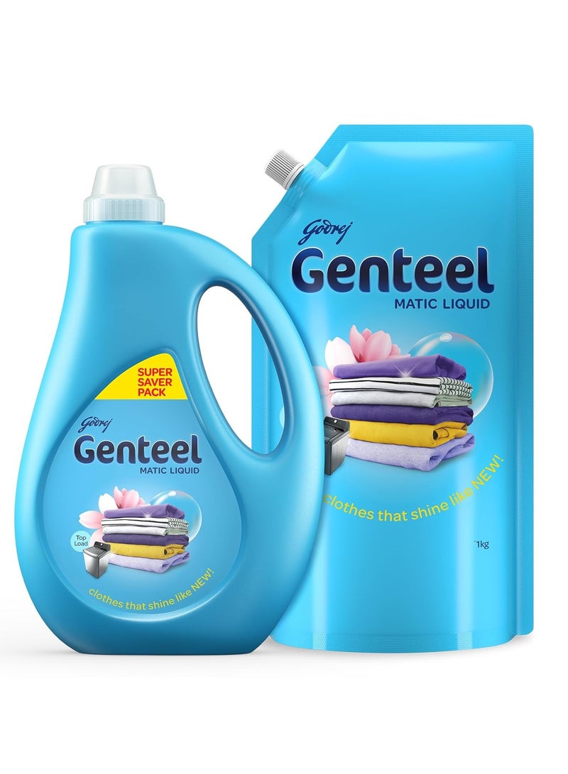 Genteele Matic Liquid Detergent 1kg Bottle and 1kg Refill Pouch For Top Load Washing No Soda Formula with Fabric Conditioner  - Image 1