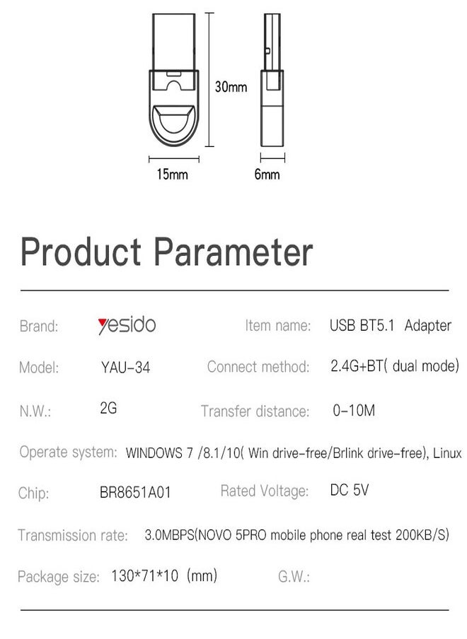 Yesido - YAU34 Mini USB Bluetooth Adapter Receiver Wireless Mini USB Bluetooth 5.1 Receiver For Computer - Image 1