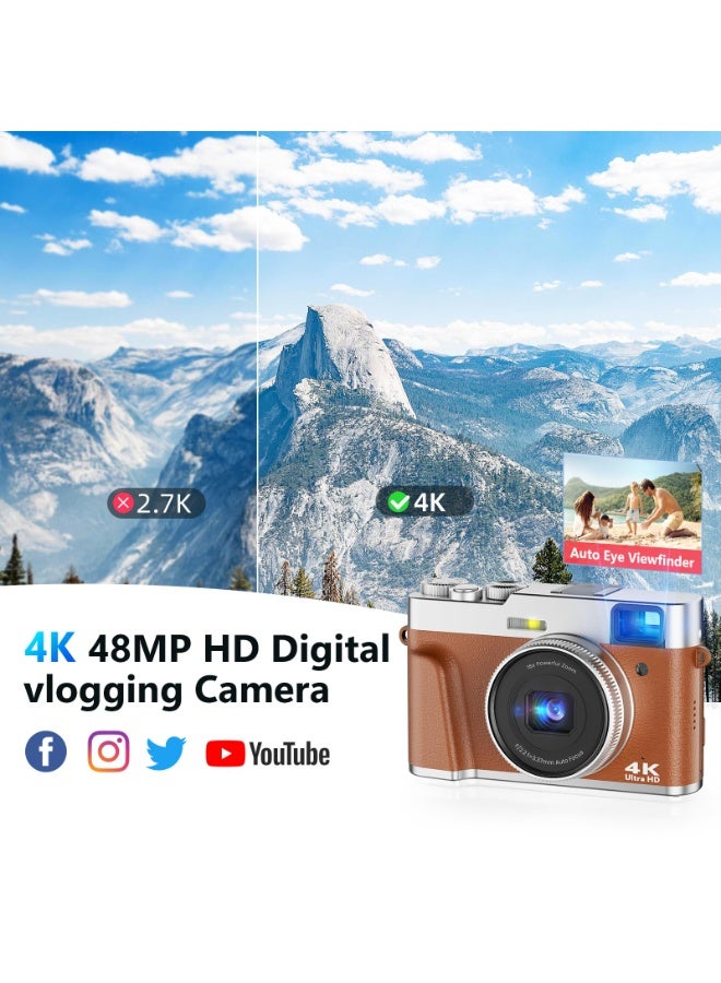 شو وو كاميرا رقمية 4K، كاميرا تصوير تلقائي بدقة 48 ميجابكسل، كاميرا فيديو للتدوين، تقريب رقمي 16X، كاميرا فيديو مضادة للاهتزاز مع بطاقة ذاكرة صغيرة سعة 32 جيجابايت، كاميرات سفر صغيرة الحجم للتصوير الفوري كهدية، لون بني - Image 5