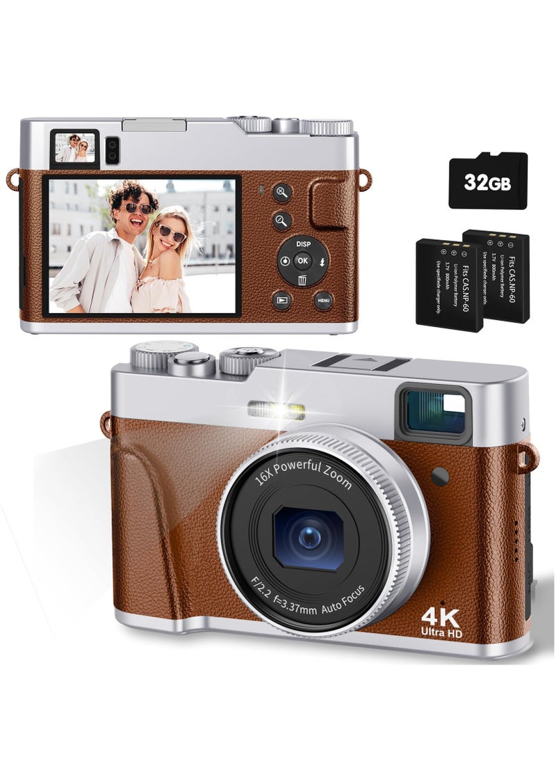 شو وو كاميرا رقمية 4K، كاميرا تصوير تلقائي بدقة 48 ميجابكسل، كاميرا فيديو للتدوين، تقريب رقمي 16X، كاميرا فيديو مضادة للاهتزاز مع بطاقة ذاكرة صغيرة سعة 32 جيجابايت، كاميرات سفر صغيرة الحجم للتصوير الفوري كهدية، لون بني - Image 1