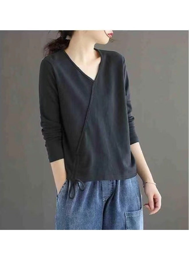 قميص أساسي نسائي جديد بحجم كبير على شكل حرف V لفصلي الربيع والخريف، قميص أنيق بأكمام طويلة، فضفاض ومناسب للارتداء اليومي، يساعد على تنحيف الجسم - Image 2