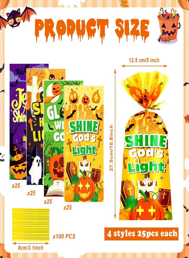 HOWAF 100pcs Christian Halloween Pumpkin Cellophane Bags, Halloween Goodie Bags with Twist Ties for Religious Halloweens Party Supplies, Christian trick or treat Bag for Church Gift Wrapping - Image 2