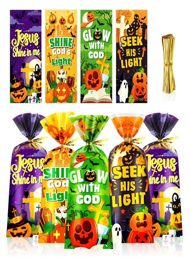 HOWAF 100pcs Christian Halloween Pumpkin Cellophane Bags, Halloween Goodie Bags with Twist Ties for Religious Halloweens Party Supplies, Christian trick or treat Bag for Church Gift Wrapping - Image 1