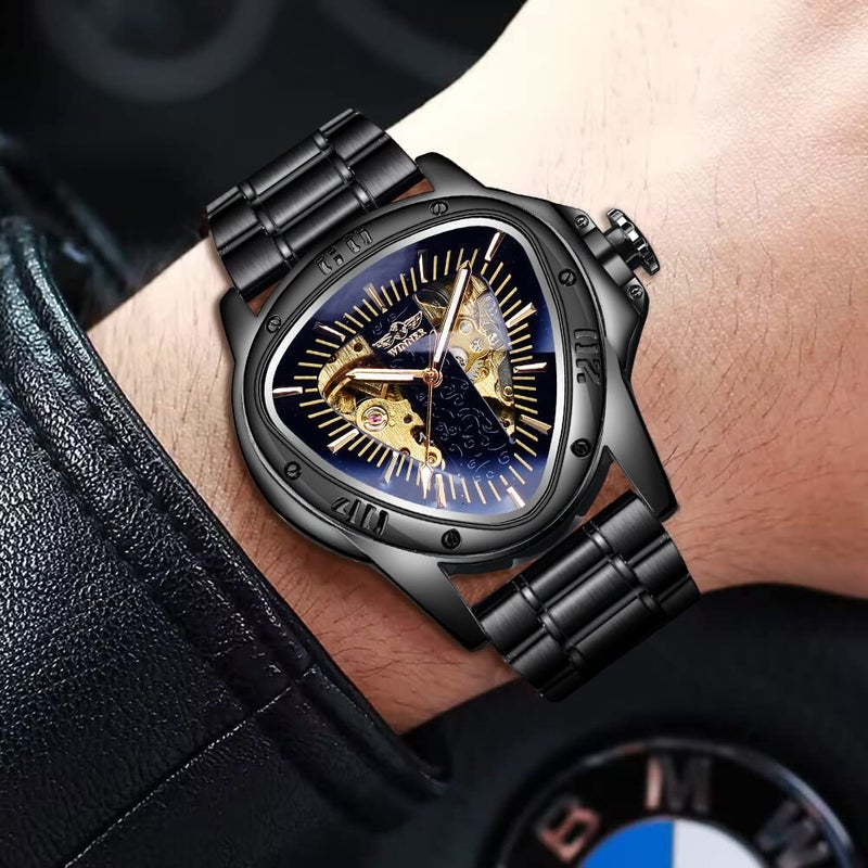 FORSINING Winner Fashion Mechanical Wrist Watch Triangle Racing Dial, Waterproof Golden Skeleton Dial Automatic Movement Stainless Steel Design Mechanical Watch for Men - Image 3