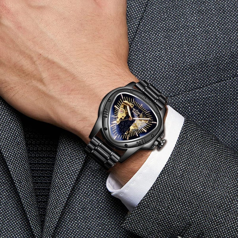 FORSINING Winner Fashion Mechanical Wrist Watch Triangle Racing Dial, Waterproof Golden Skeleton Dial Automatic Movement Stainless Steel Design Mechanical Watch for Men - Image 4